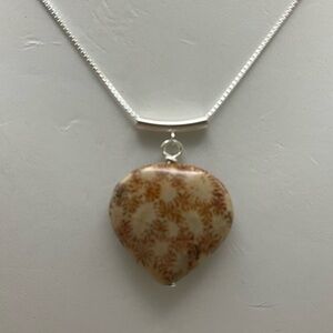 Heart-Shaped Brown Fossil Coral Stone Necklace with Sterling Silver Chain